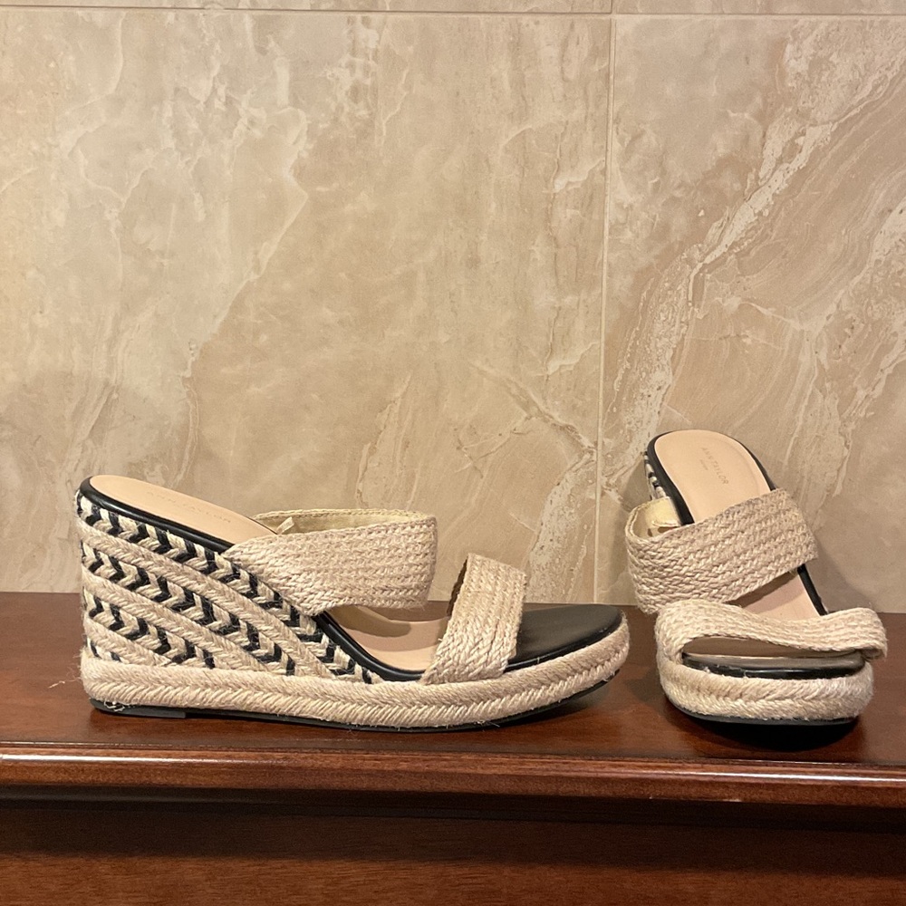 Ann Taylor Black and Cream Wedge Sandals, Size 10M